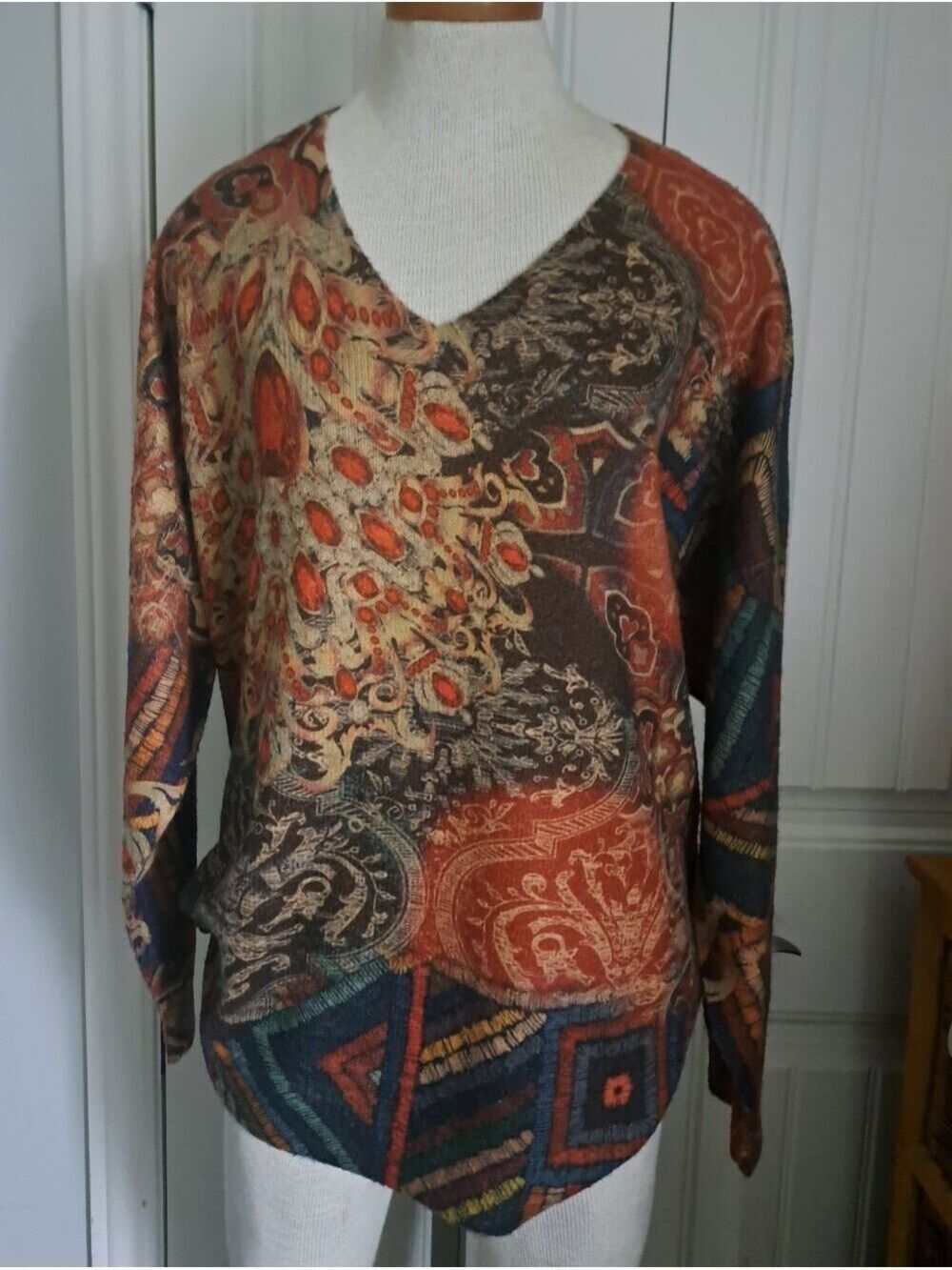Soft abstract V NECK long sleeve sweater lightweight shabby chic coastal XXL